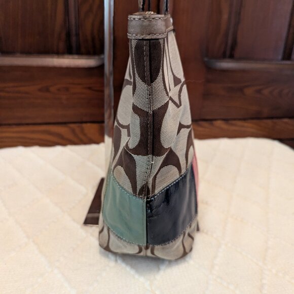 COACH Khaki Signature Legacy Rainbow Stripe Gold Leather Shoulder Tote F15588 - Picture 5 of 12